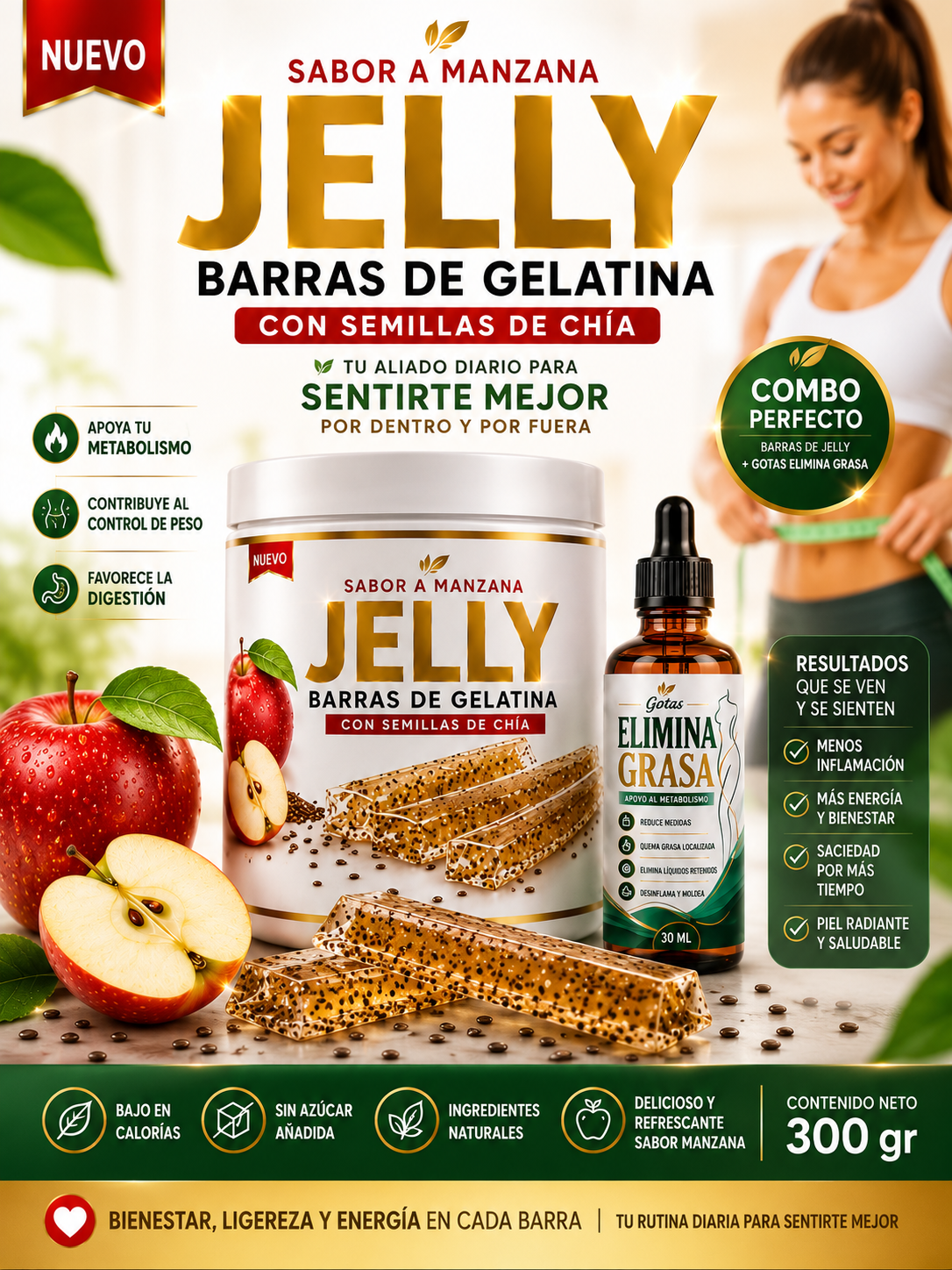 BARRAS DE GELATINA CON SEMILLAS DE CHÍA SABOR A MANZANA + GOTAS ELIMINA GRASA