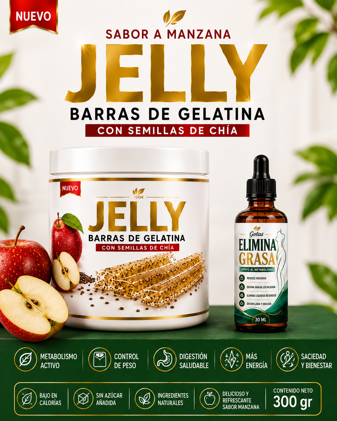 BARRAS DE GELATINA CON SEMILLAS DE CHÍA SABOR A MANZANA + GOTAS ELIMINA GRASA