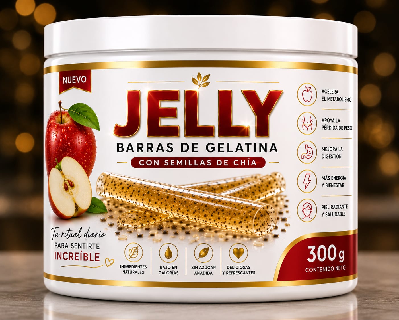 BARRAS DE GELATINA CON SEMILLAS DE CHÍA SABOR A MANZANA + GOTAS ELIMINA GRASA